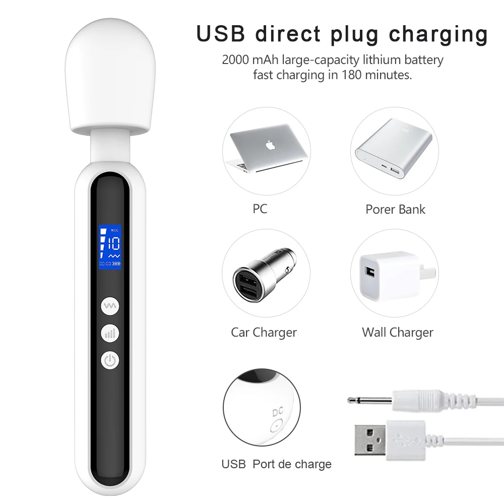 Multi Funcional Massagem Stick, Display LCD Timing Vibrador, Material Silicone, 10 Freqüência, 4 velocidades, Modelo de carregamento à prova d'água