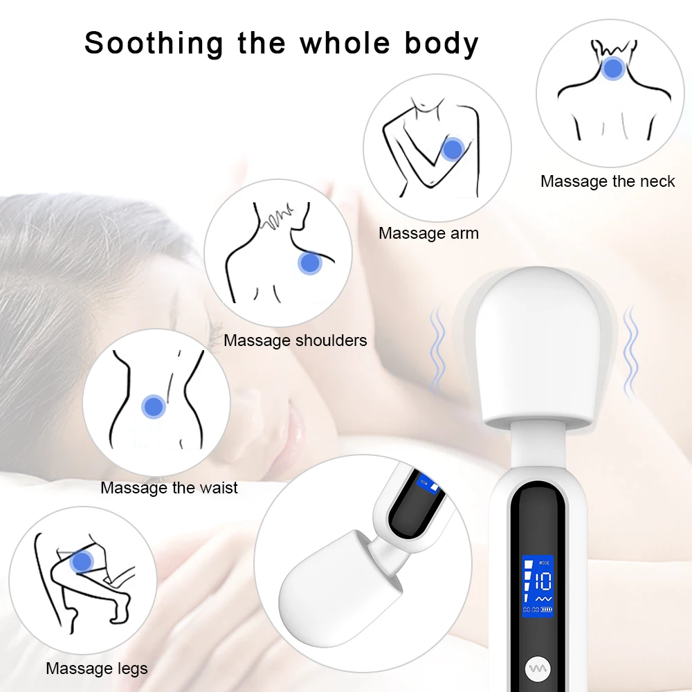Multi Funcional Massagem Stick, Display LCD Timing Vibrador, Material Silicone, 10 Freqüência, 4 velocidades, Modelo de carregamento à prova d'água