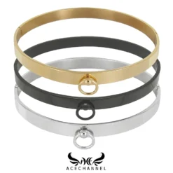 Gargantilhas slave choker de aço inox dourada, preta e prata com argola