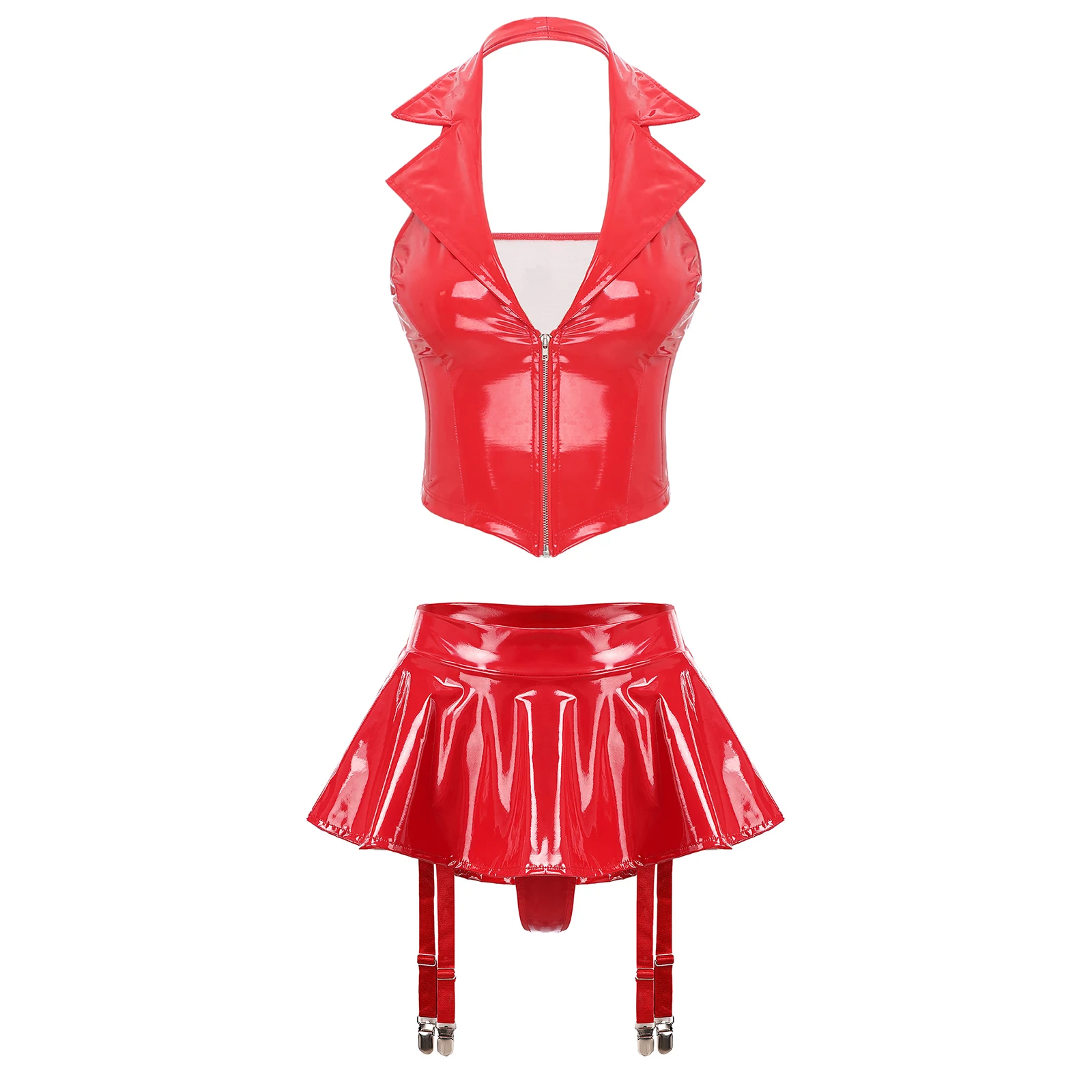 Womens Wet Look Patent Leather Lingerie Set Halter Backless Front Zipper Vest with Ruffle Miniskirt Built-in Thongs Garter Clips