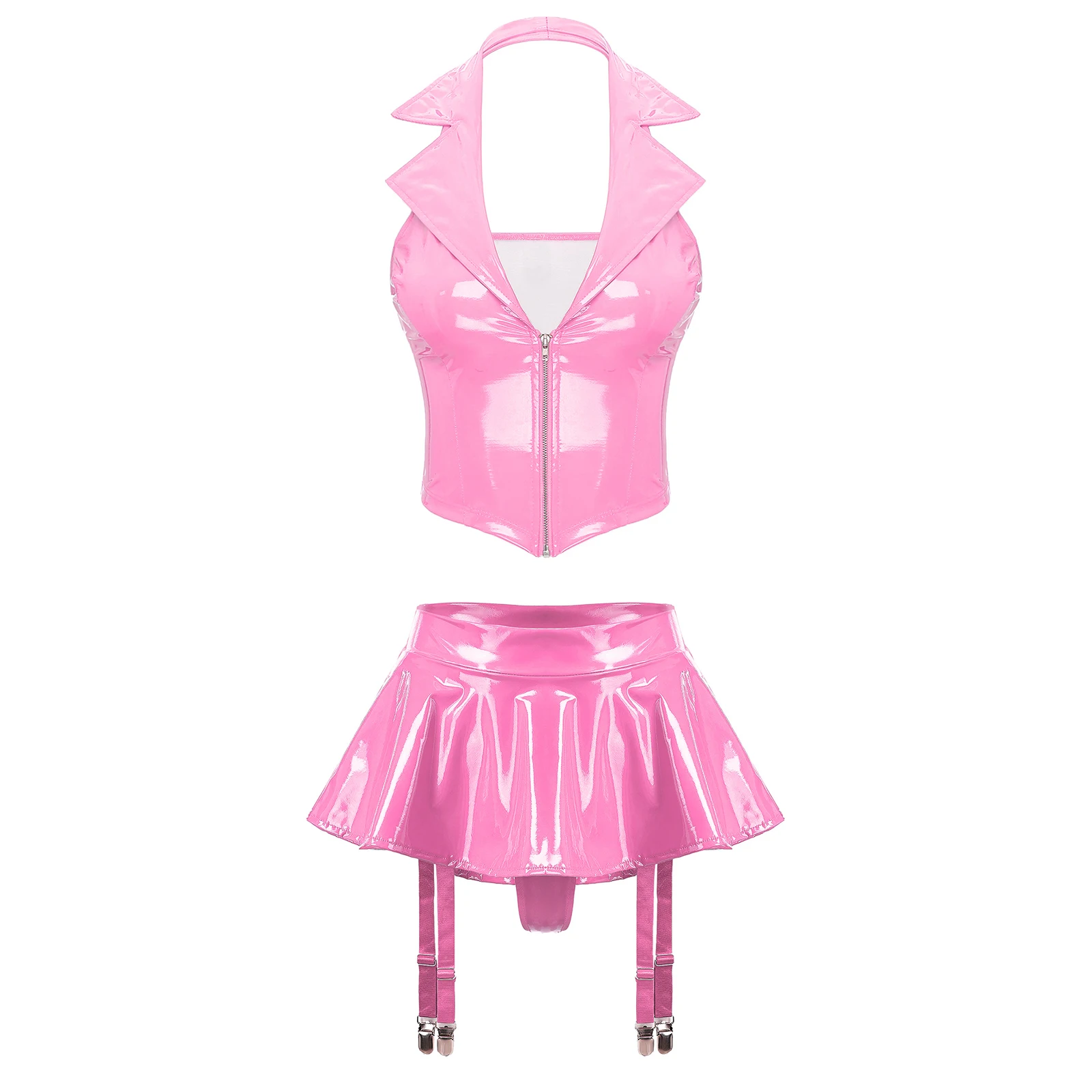 Womens Wet Look Patent Leather Lingerie Set Halter Backless Front Zipper Vest with Ruffle Miniskirt Built-in Thongs Garter Clips