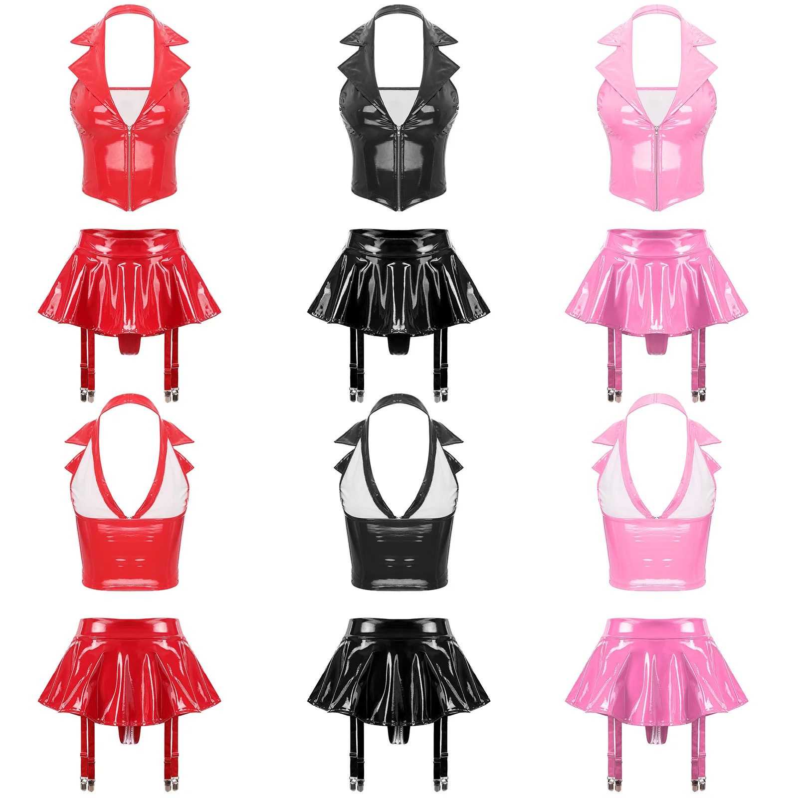 Womens Wet Look Patent Leather Lingerie Set Halter Backless Front Zipper Vest with Ruffle Miniskirt Built-in Thongs Garter Clips