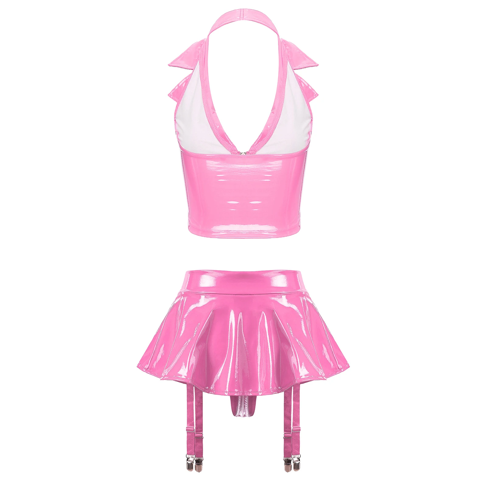 Womens Wet Look Patent Leather Lingerie Set Halter Backless Front Zipper Vest with Ruffle Miniskirt Built-in Thongs Garter Clips