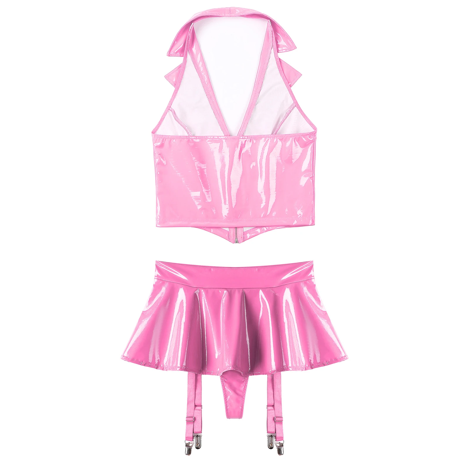 Womens Wet Look Patent Leather Lingerie Set Halter Backless Front Zipper Vest with Ruffle Miniskirt Built-in Thongs Garter Clips