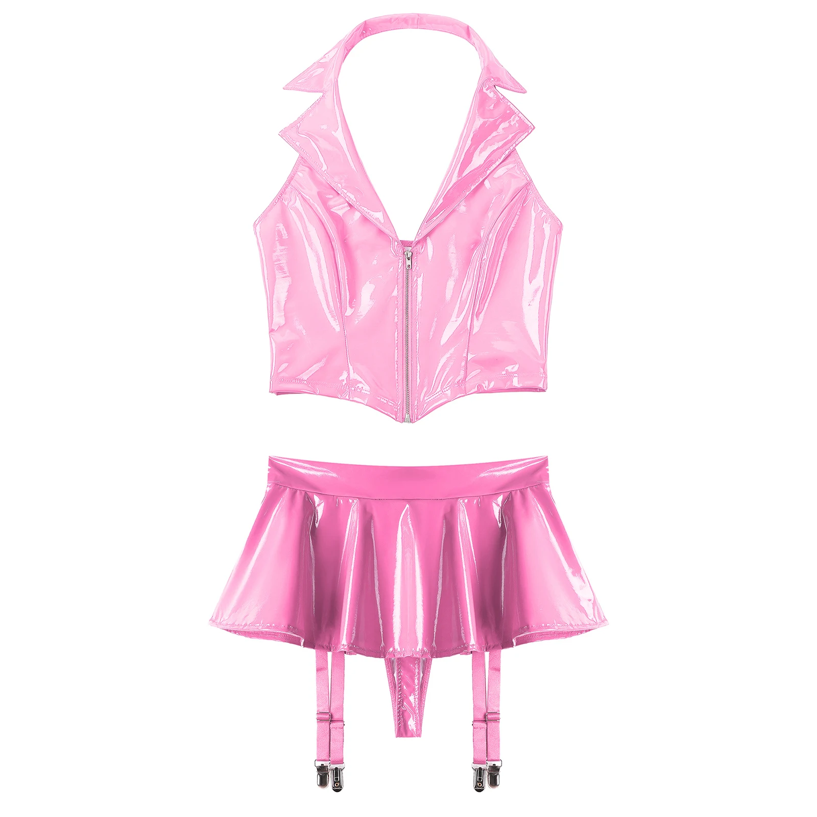 Womens Wet Look Patent Leather Lingerie Set Halter Backless Front Zipper Vest with Ruffle Miniskirt Built-in Thongs Garter Clips