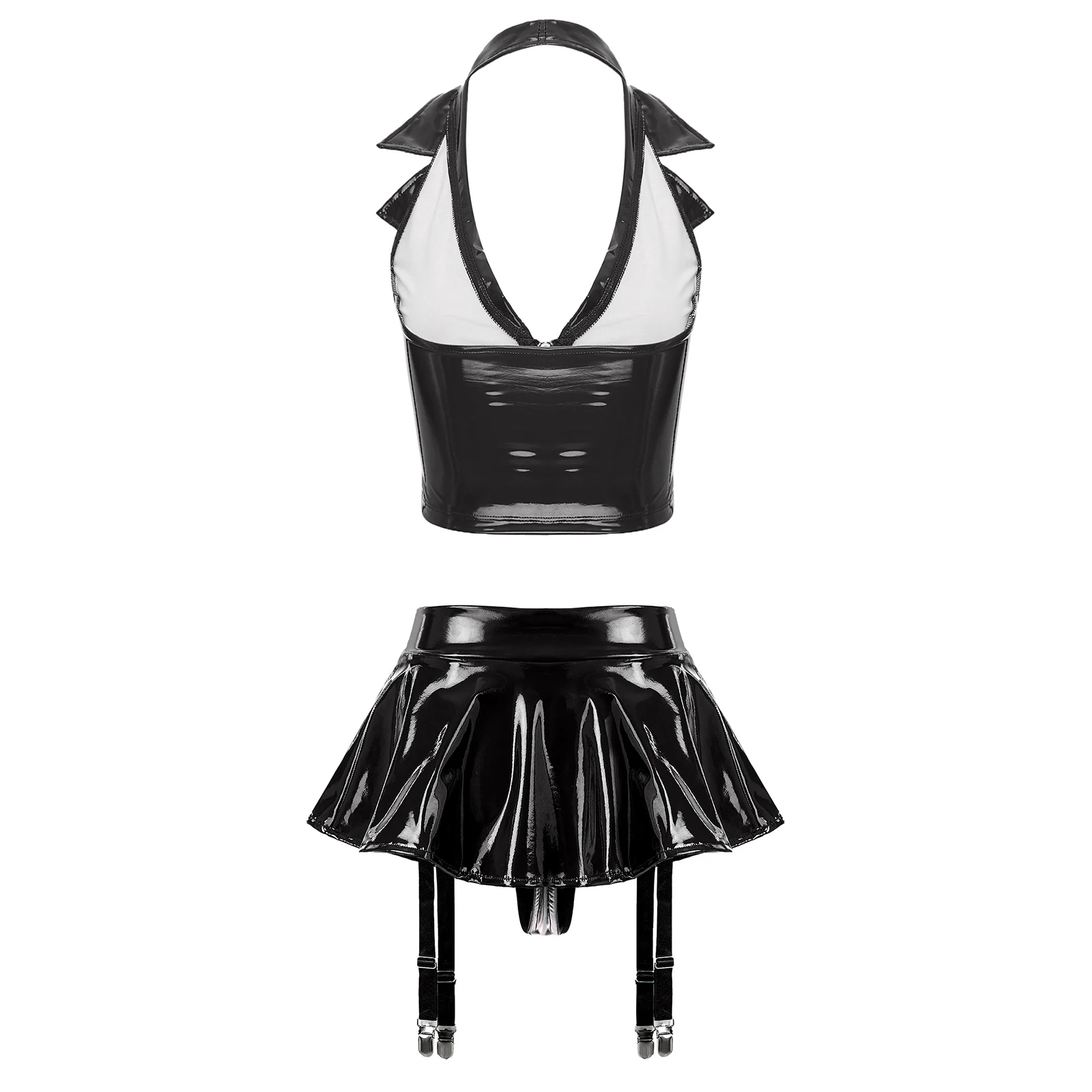 Womens Wet Look Patent Leather Lingerie Set Halter Backless Front Zipper Vest with Ruffle Miniskirt Built-in Thongs Garter Clips