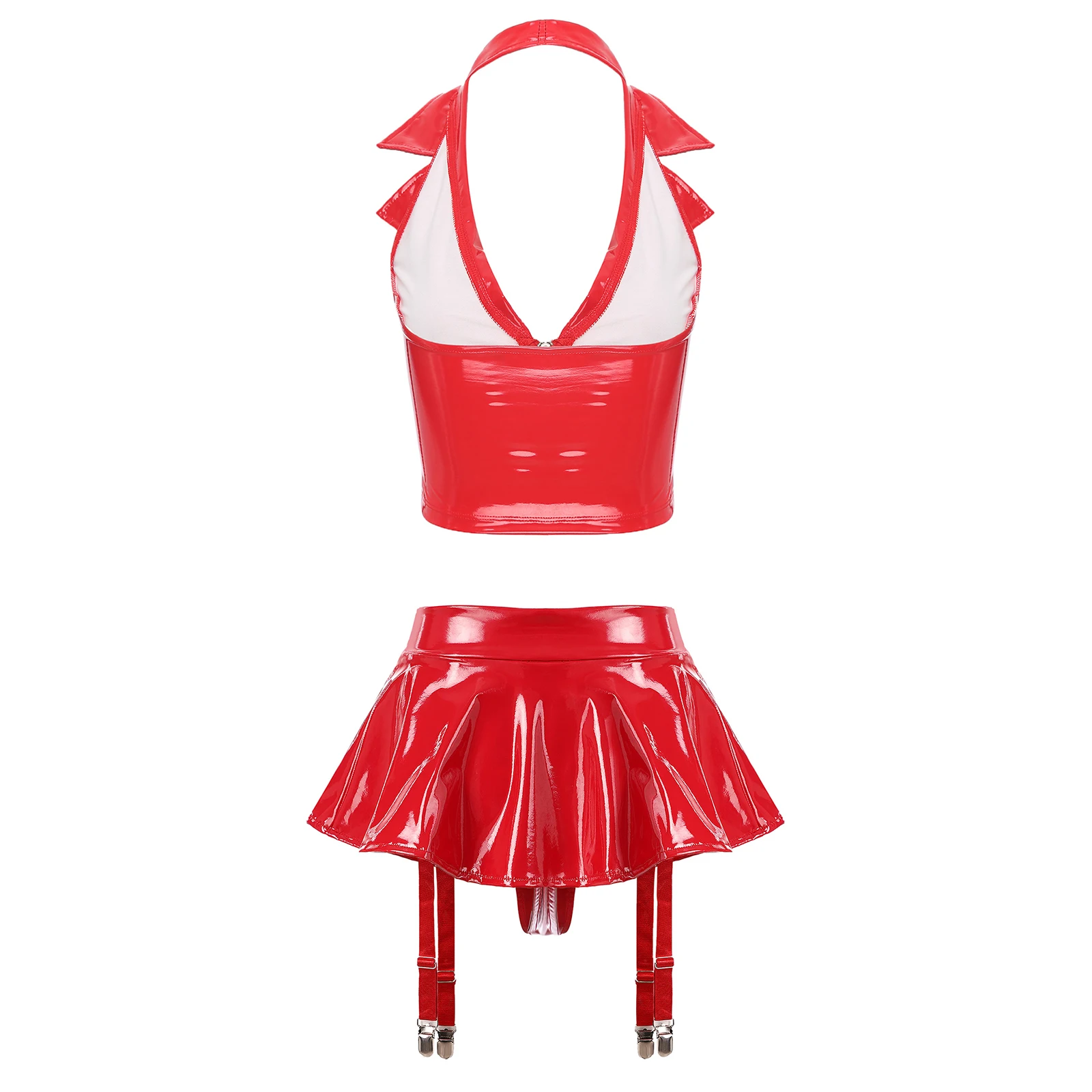 Womens Wet Look Patent Leather Lingerie Set Halter Backless Front Zipper Vest with Ruffle Miniskirt Built-in Thongs Garter Clips