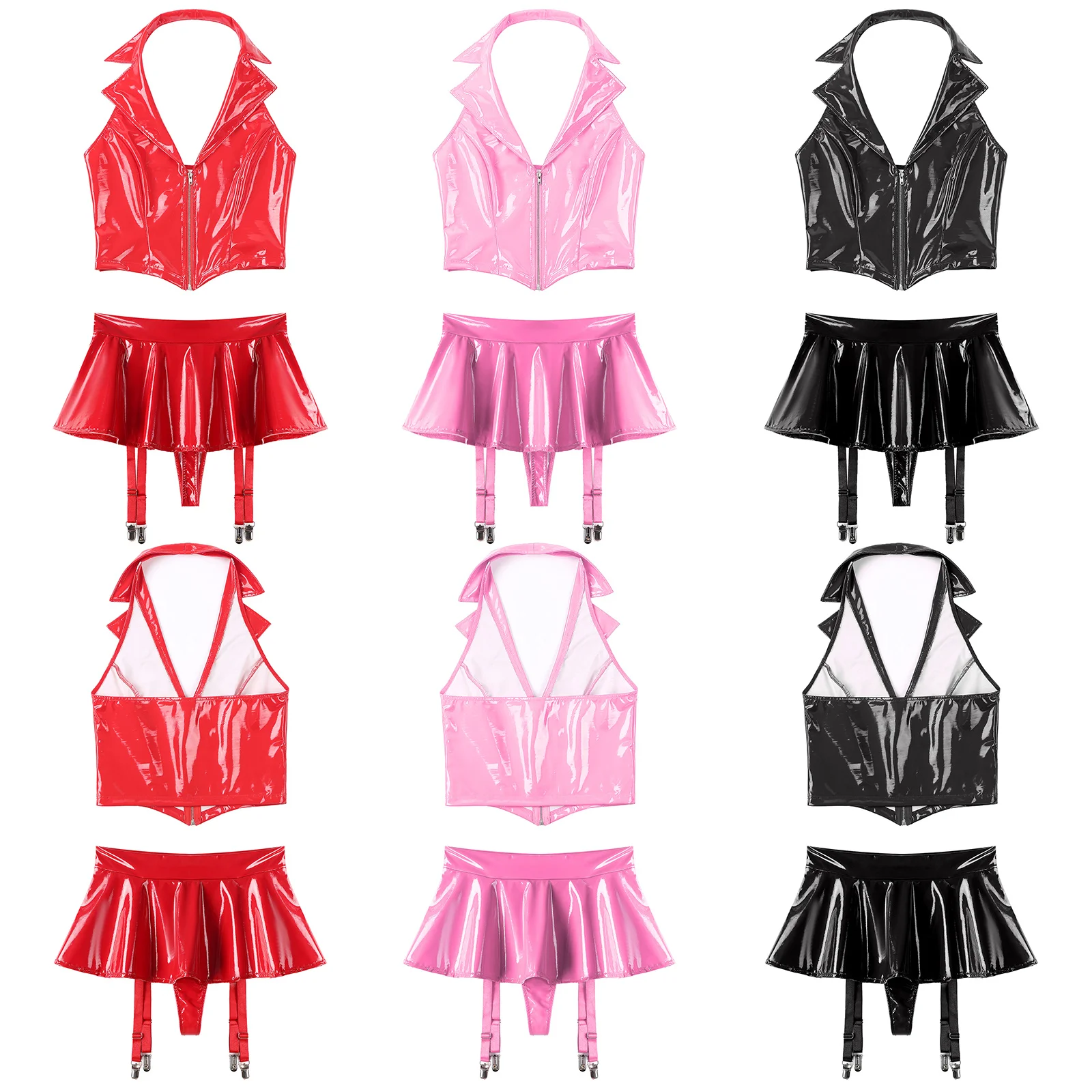 Womens Wet Look Patent Leather Lingerie Set Halter Backless Front Zipper Vest with Ruffle Miniskirt Built-in Thongs Garter Clips