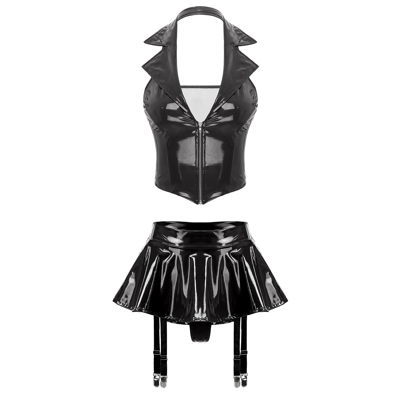 Womens Wet Look Patent Leather Lingerie Set Halter Backless Front Zipper Vest with Ruffle Miniskirt Built-in Thongs Garter Clips