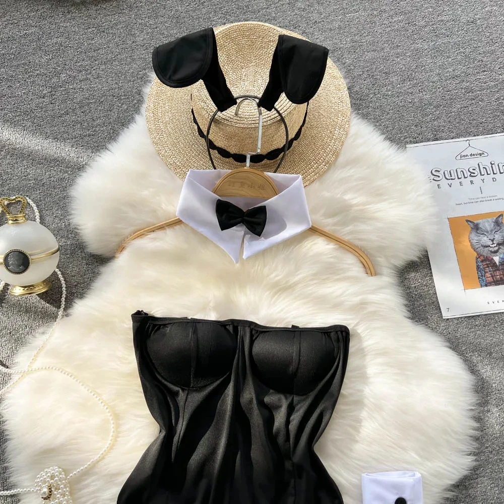 Bunny Girl Solid Color Slim Sexy Bodysuit Strapless Erotic Lingerie Cosplay Uniform Pajamas Pad Women Nightwear Jumper Playsuit