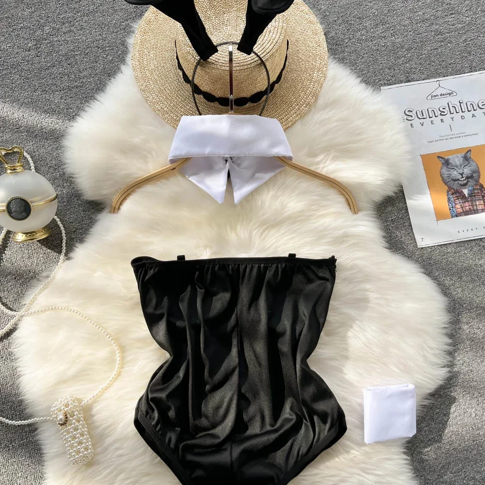 Bunny Girl Solid Color Slim Sexy Bodysuit Strapless Erotic Lingerie Cosplay Uniform Pajamas Pad Women Nightwear Jumper Playsuit