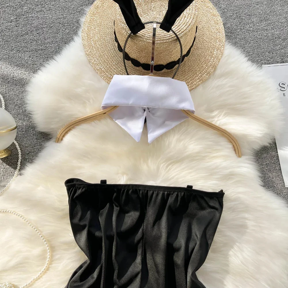 Bunny Girl Solid Color Slim Sexy Bodysuit Strapless Erotic Lingerie Cosplay Uniform Pajamas Pad Women Nightwear Jumper Playsuit