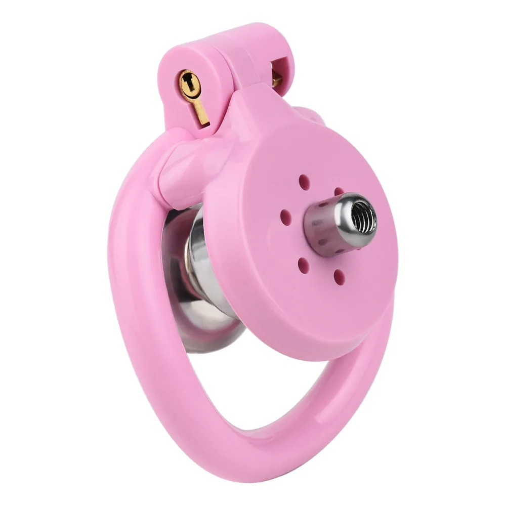 Gaiola de castidade plana rosa em resina com cadeado e sonda uretral de aço