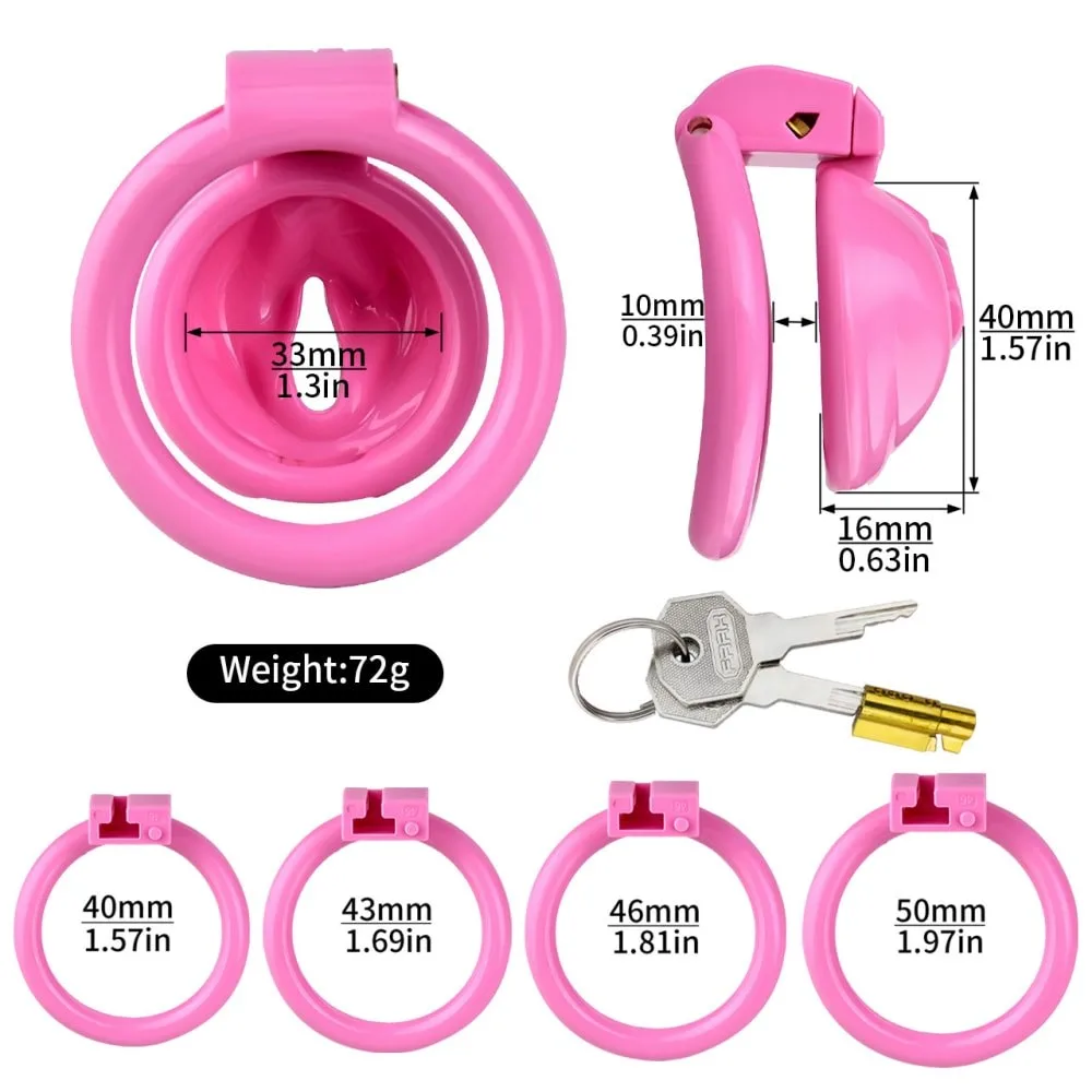 Medidas da gaiola rosa: 40 mm de comprimento, 33 mm de base, 16 mm de largura e quatro anéis