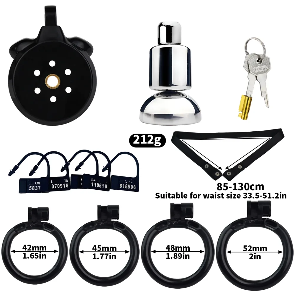 Kit da gaiola de castidade plana preta com sonda, cadeado, lacres numerados, cinta e os quatro anéis