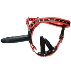 Calcinha dildo strap on triplo com borda vermelha e dildos pretos