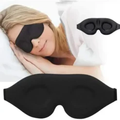 Modelo dormindo com venda 3D preta que bloqueia a luz