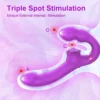 Vibrador duplo strapless roxo com estimulação no ponto G, no clitóris e na ponta interna