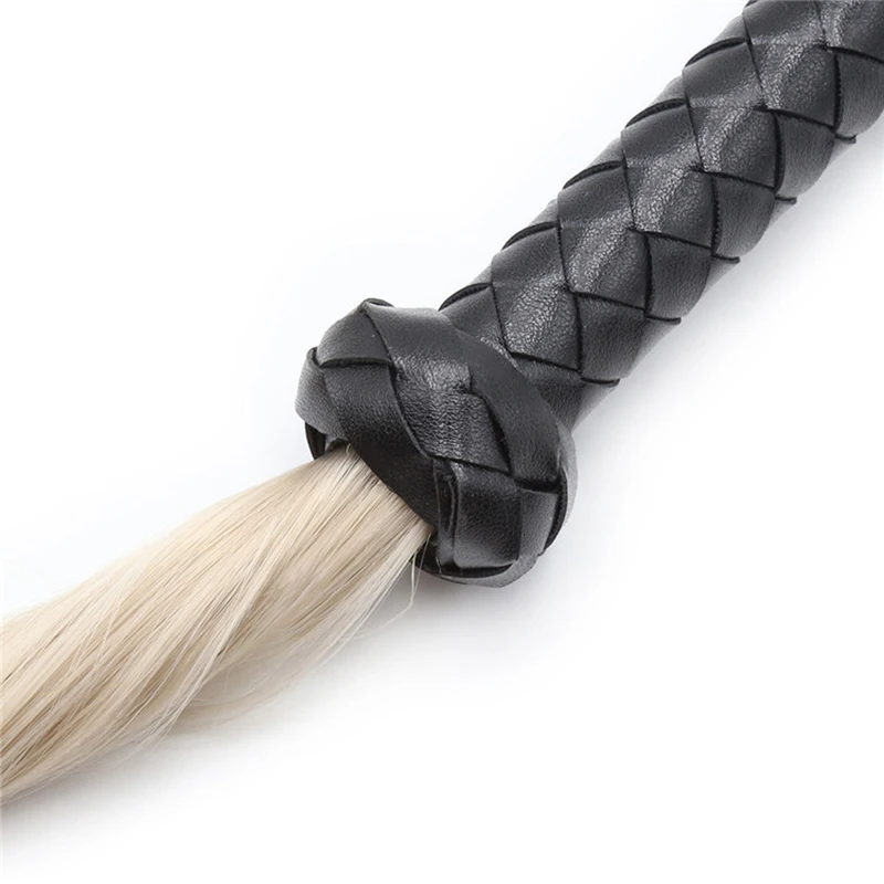 44.5cm Black Leather Woven Long Handle Silver Thread Tassels Horse Whip Riding Crop Flogger Paddle Slapper Horse Training