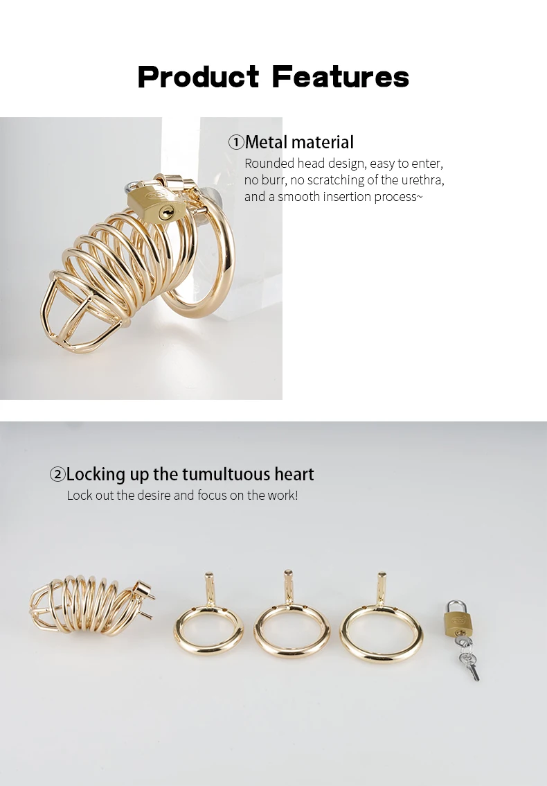 Metal Gold Man Chastity Cage Stainless Steel Penis Restriction Anti-Cheating Urethra Lock Abstainer Adult SM Props Sextoy