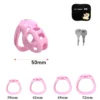 Gaiola de castidade masculina rosa de 50 mm com duas chaves, bolsa preta e quatro anéis de base de 38 a 52 mm