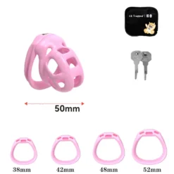 Gaiola de castidade masculina rosa de 50 mm com duas chaves, bolsa preta e quatro anéis de base de 38 a 52 mm