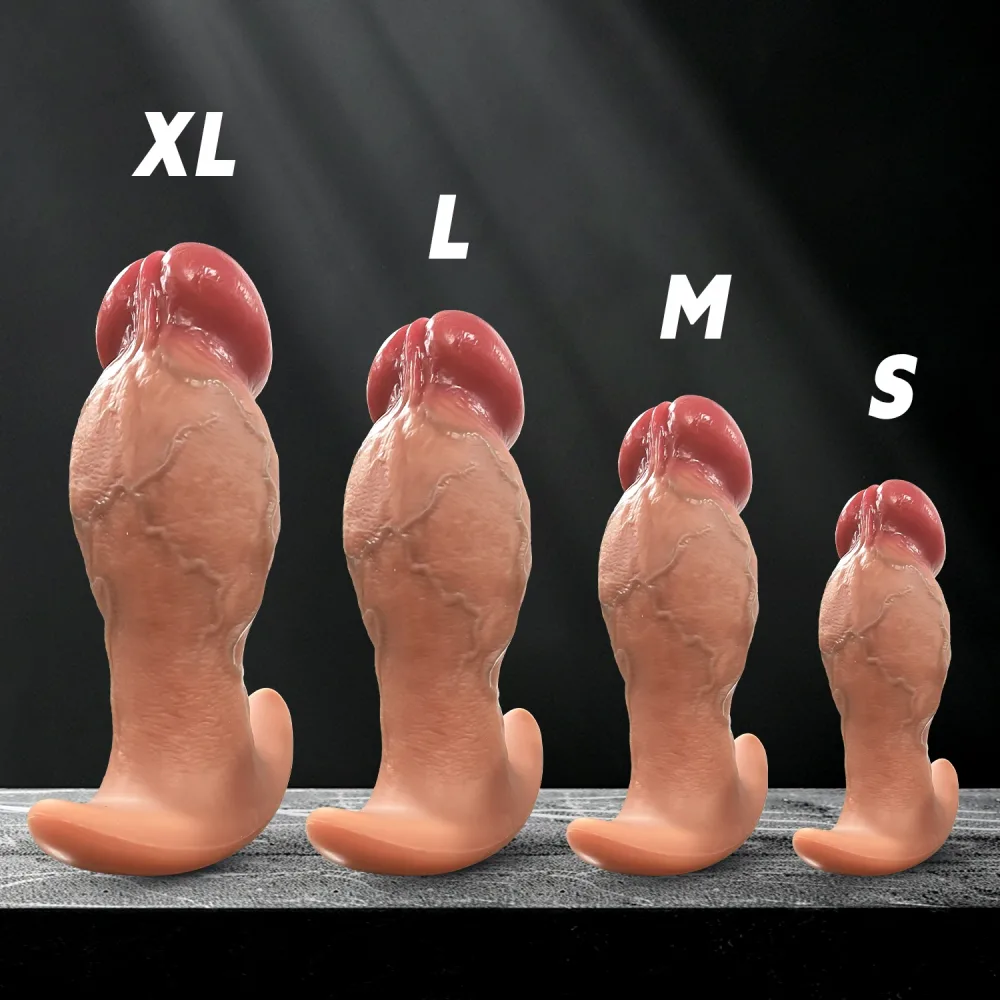 Quatro plugs anais gigantes realistas de silicone nos tamanhos XL, L, M e S