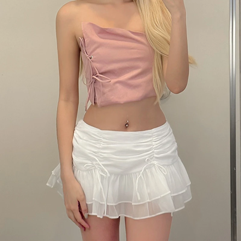 WhereMery Sexy Solid Women Skirt Perspective Pleated Mini Skirts Waist Casual Mini Dresses Street Nightclub Summer Short Dresses