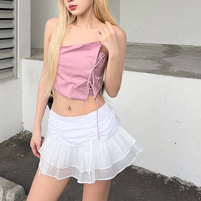 WhereMery Sexy Solid Women Skirt Perspective Pleated Mini Skirts Waist Casual Mini Dresses Street Nightclub Summer Short Dresses