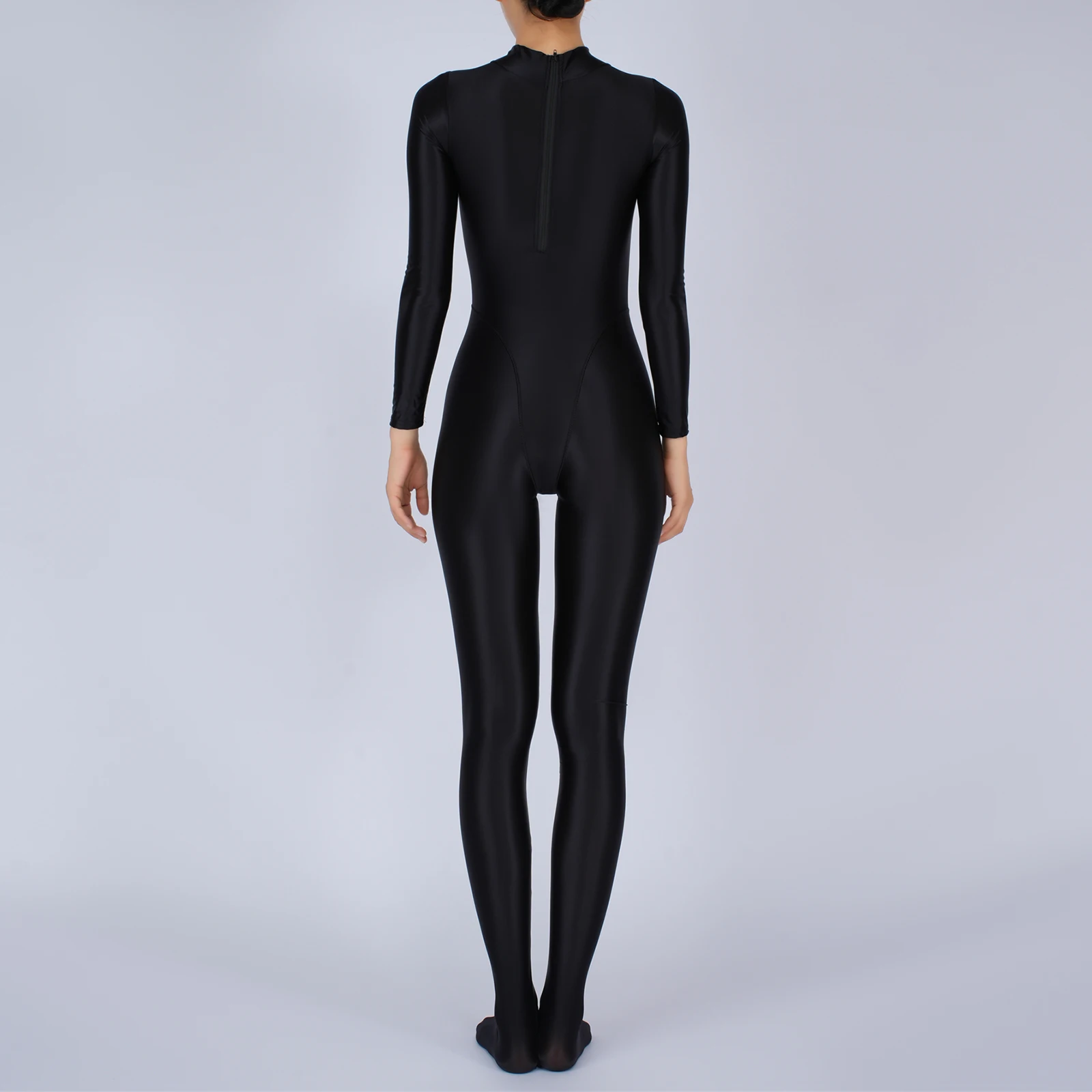 Women Glossy Full Body Jumpsuit Gym Yoga Tights Rompers Mock Neck Long Sleeve Footed One Piece Jumpsuit Clubwear Sportwear
