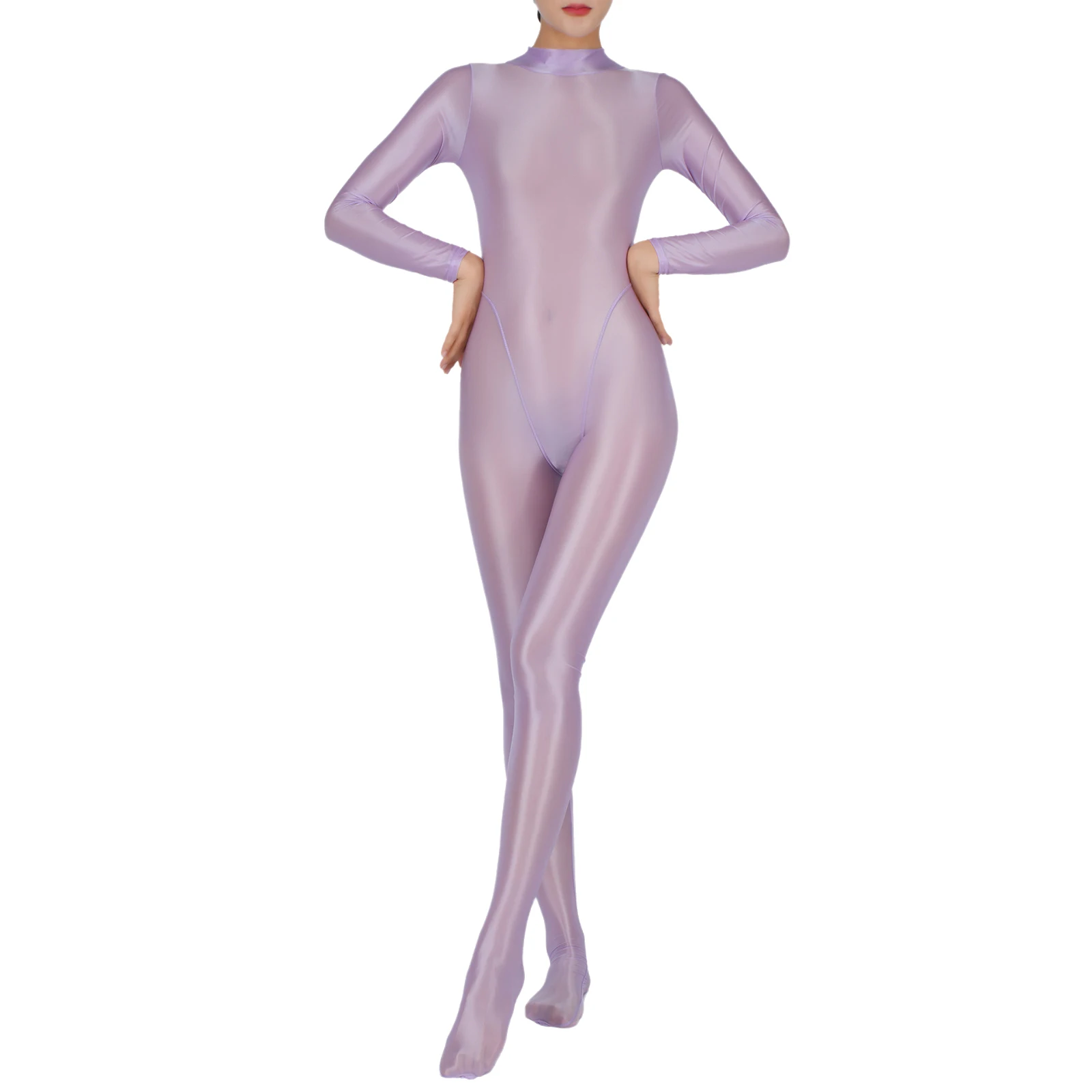 Women Glossy Full Body Jumpsuit Gym Yoga Tights Rompers Mock Neck Long Sleeve Footed One Piece Jumpsuit Clubwear Sportwear
