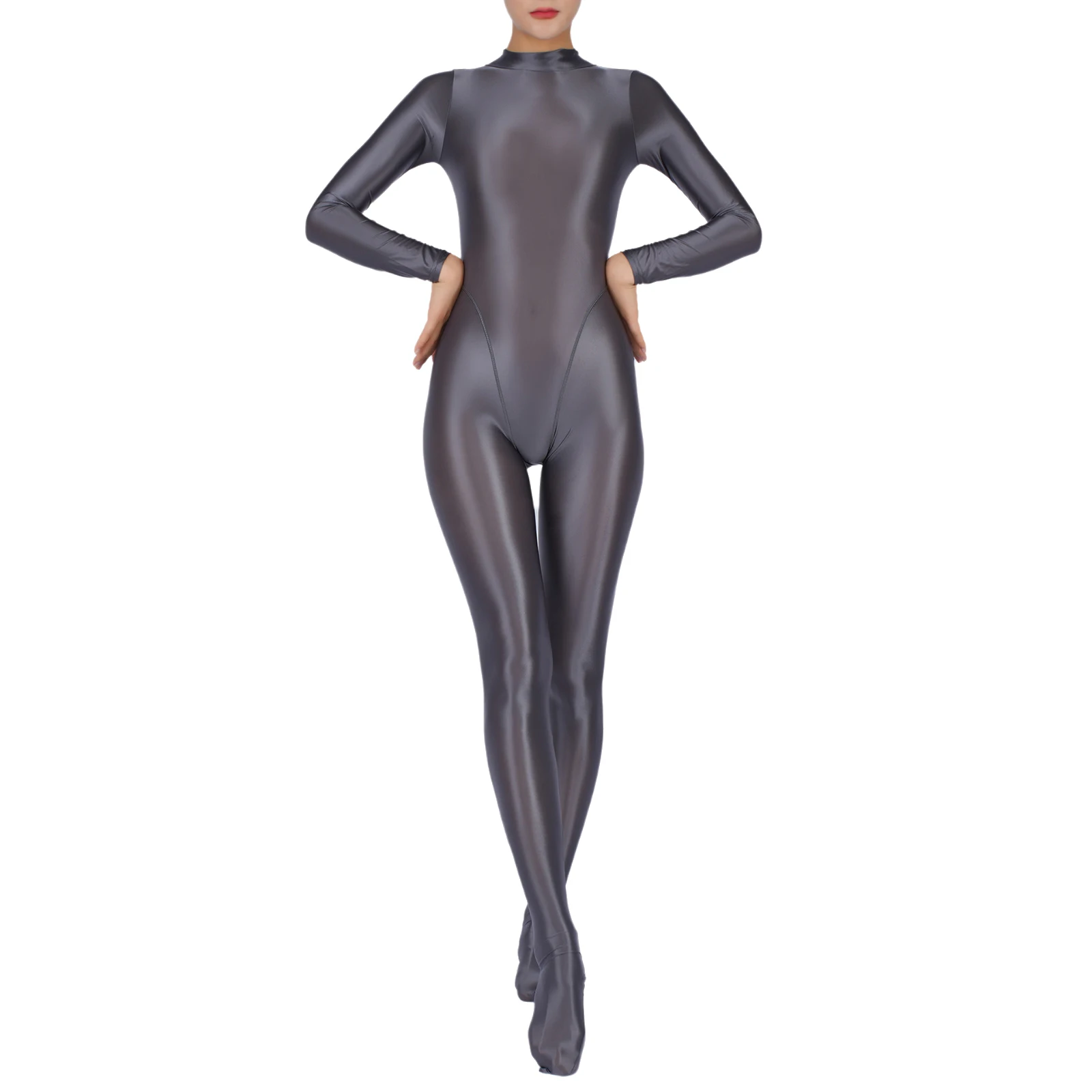 Women Glossy Full Body Jumpsuit Gym Yoga Tights Rompers Mock Neck Long Sleeve Footed One Piece Jumpsuit Clubwear Sportwear