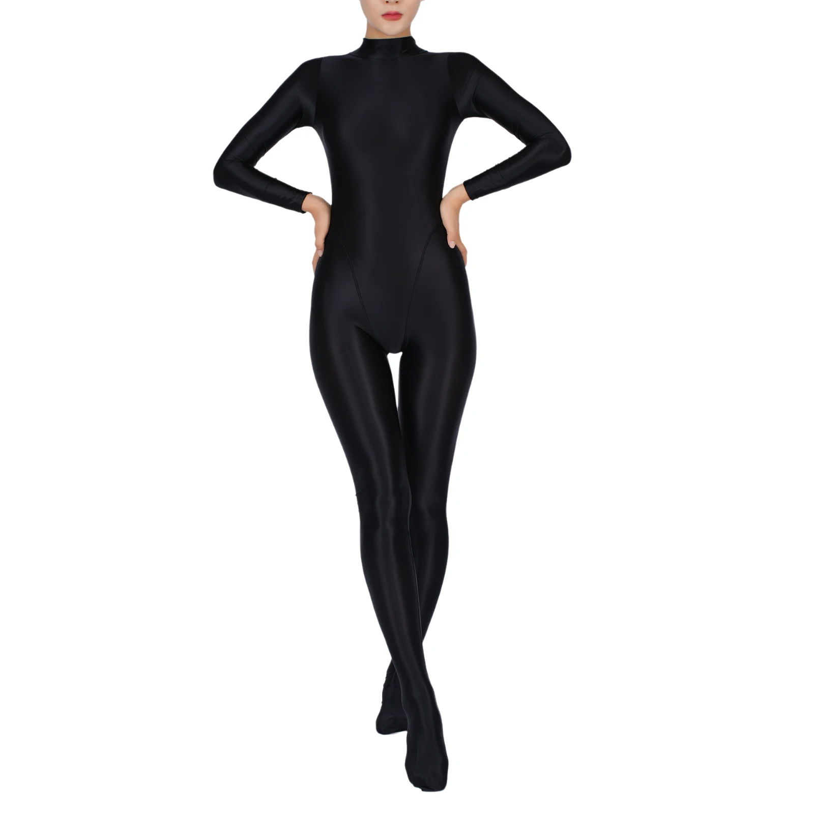 Women Glossy Full Body Jumpsuit Gym Yoga Tights Rompers Mock Neck Long Sleeve Footed One Piece Jumpsuit Clubwear Sportwear