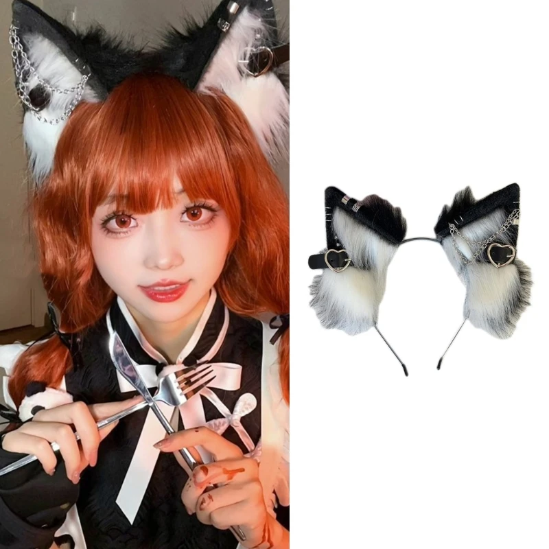 Anime Theme Gatherings Ear Headband with Alloy Earring Movie Enthusiasts Plush Wolf Headband for Teenagers Adult Dropship