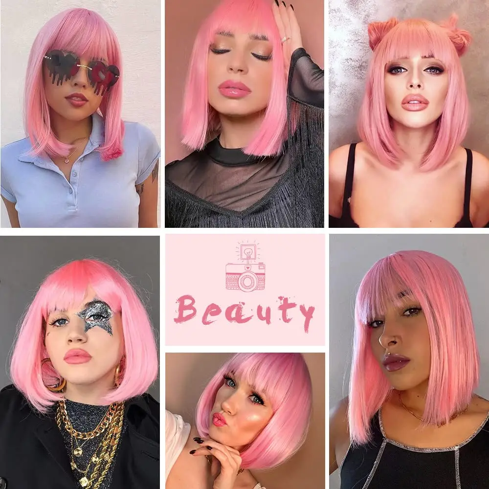 Short Straight Bob Synthetic Wigs Pink Natural Hair Wig with Bangs for Women Cosplay Cute Wig Heat Resistant Fiber