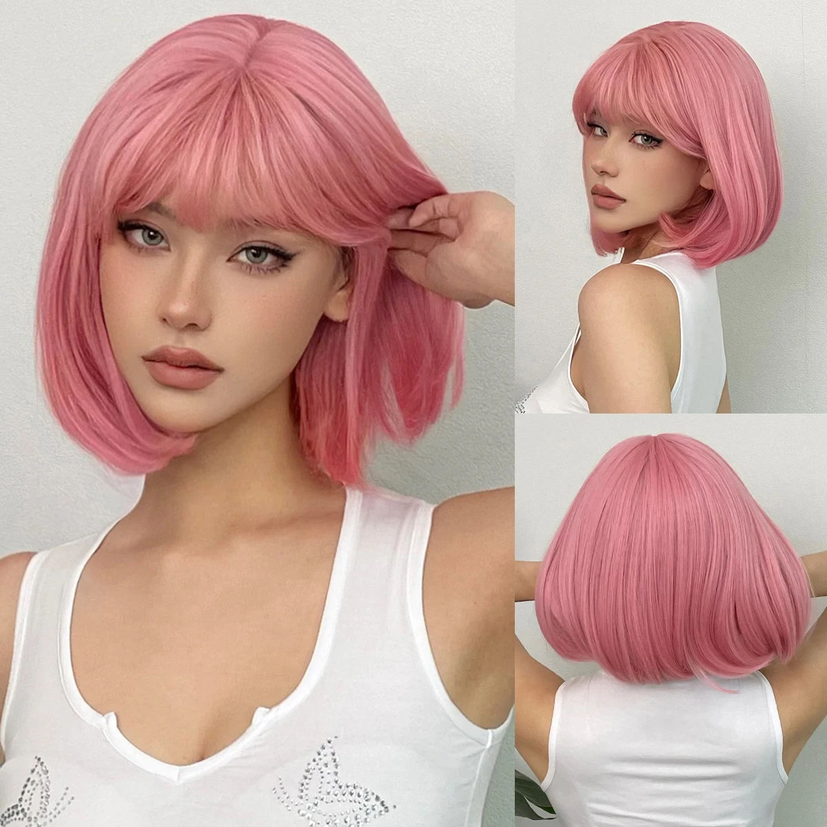 Short Straight Bob Synthetic Wigs Pink Natural Hair Wig with Bangs for Women Cosplay Cute Wig Heat Resistant Fiber