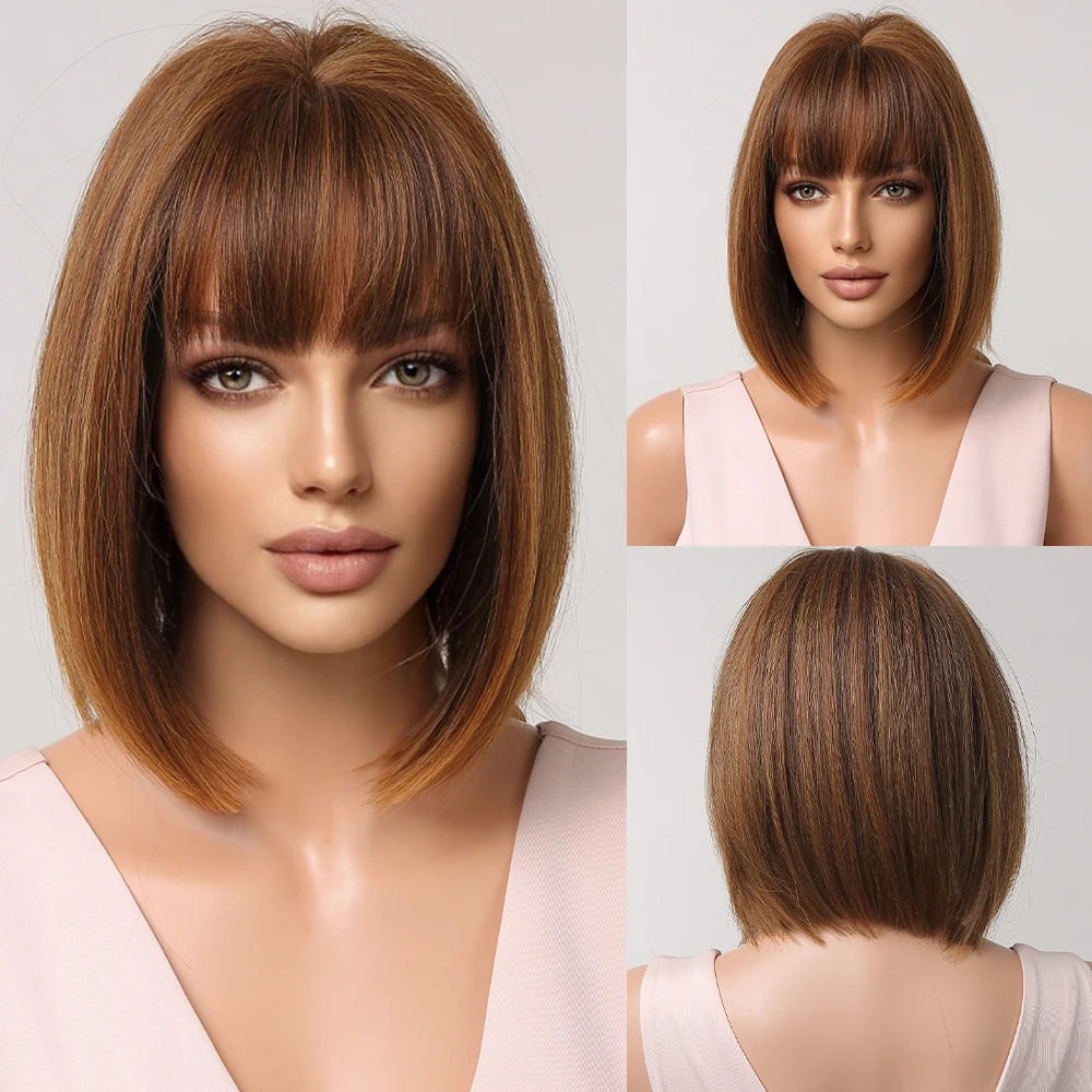 Short Straight Bob Synthetic Wigs Pink Natural Hair Wig with Bangs for Women Cosplay Cute Wig Heat Resistant Fiber