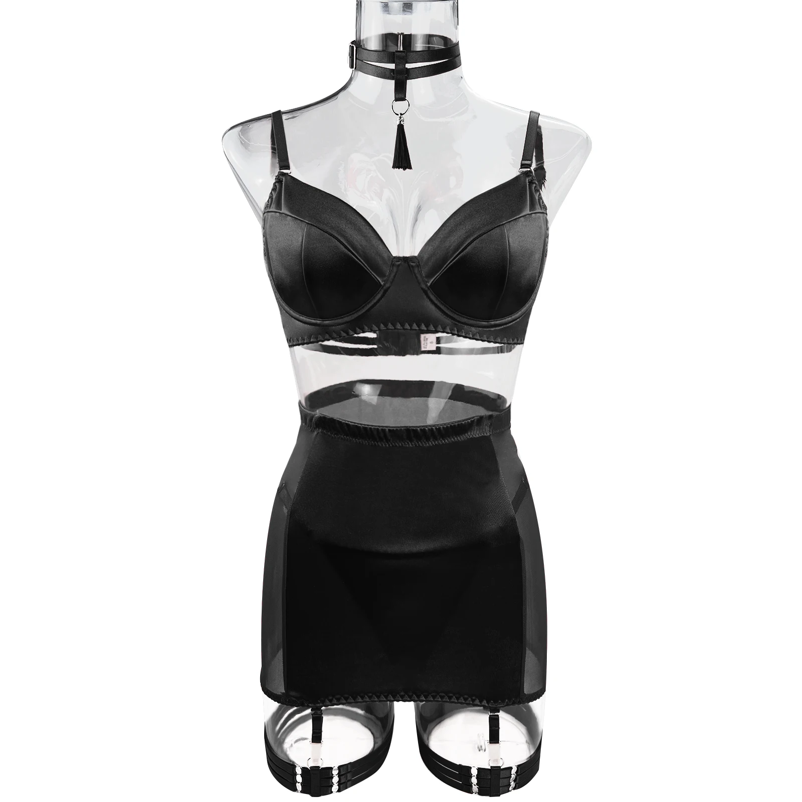 Ellolace Fine Satin Lingerie Sexy Underwear Lace 5-Piece Sissy Seamless Intimate Uncensored Skirt Fancy Bra And Panty Outfits