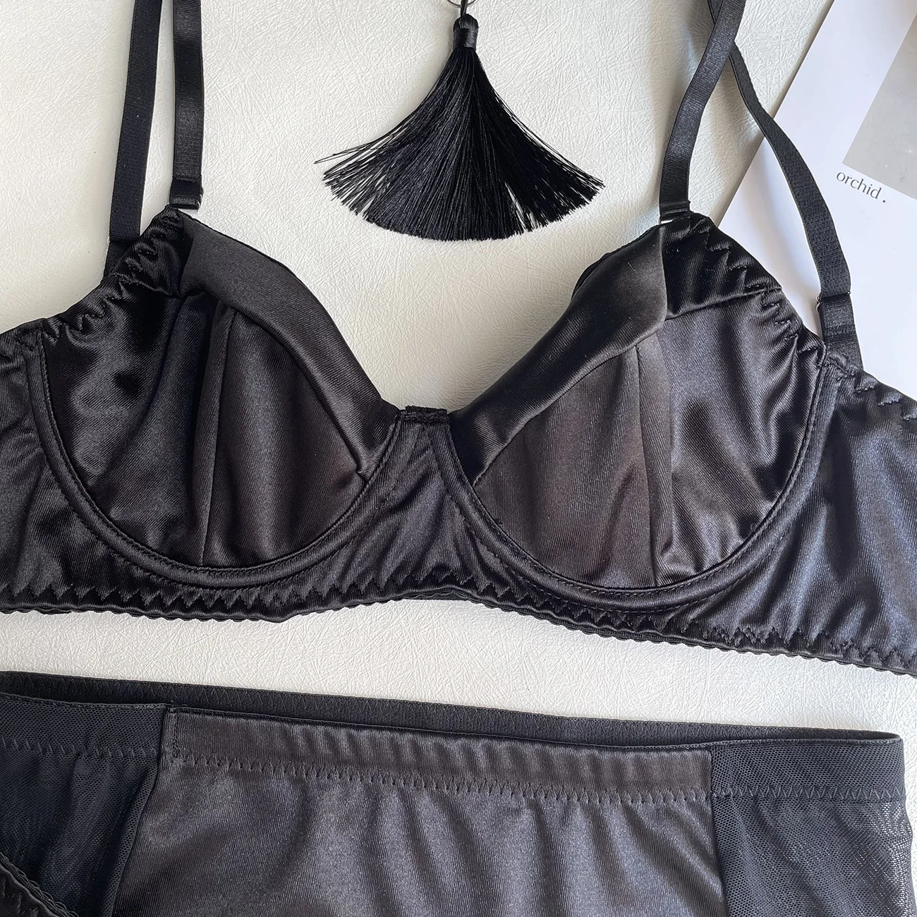 Ellolace Fine Satin Lingerie Sexy Underwear Lace 5-Piece Sissy Seamless Intimate Uncensored Skirt Fancy Bra And Panty Outfits