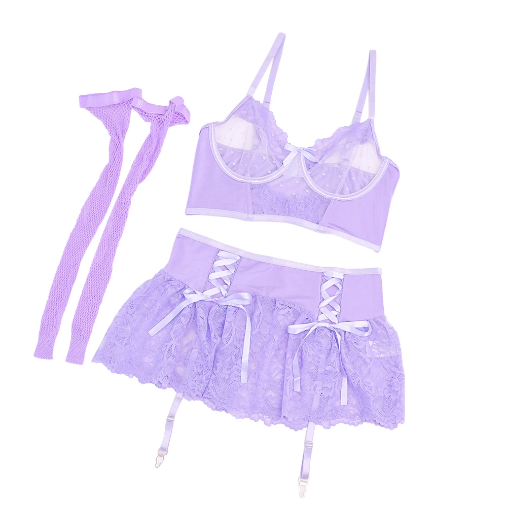 Ellolace Fairy Lingerie Sexy Dames Delicate Underwear Polka Dot Lace Skirt See Through Bra Lavender Bilizna Set With Stocking