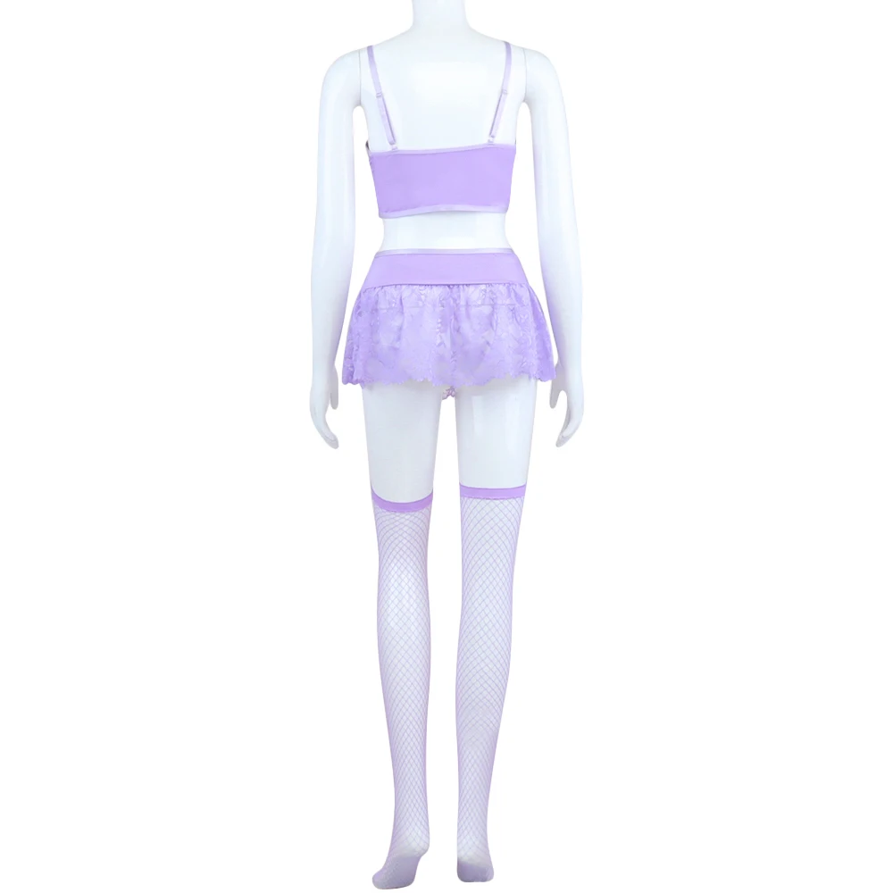 Ellolace Fairy Lingerie Sexy Dames Delicate Underwear Polka Dot Lace Skirt See Through Bra Lavender Bilizna Set With Stocking