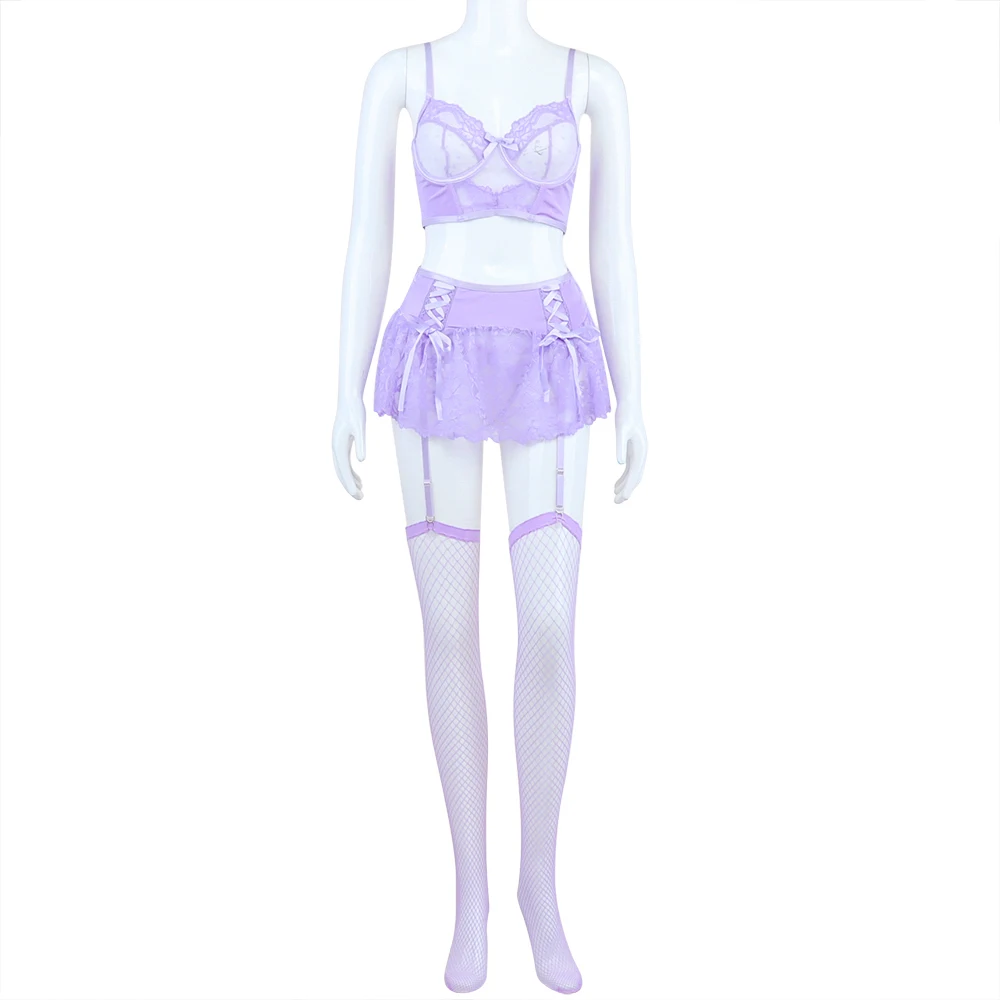 Ellolace Fairy Lingerie Sexy Dames Delicate Underwear Polka Dot Lace Skirt See Through Bra Lavender Bilizna Set With Stocking