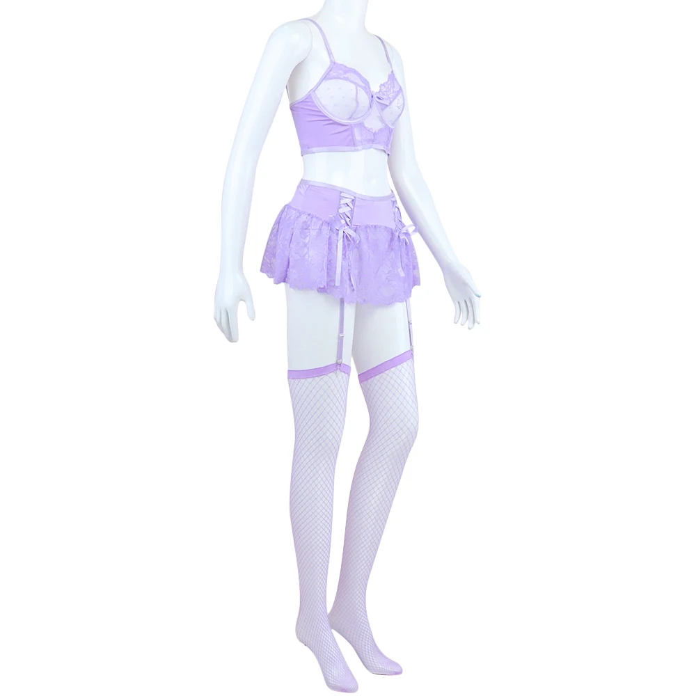 Ellolace Fairy Lingerie Sexy Dames Delicate Underwear Polka Dot Lace Skirt See Through Bra Lavender Bilizna Set With Stocking