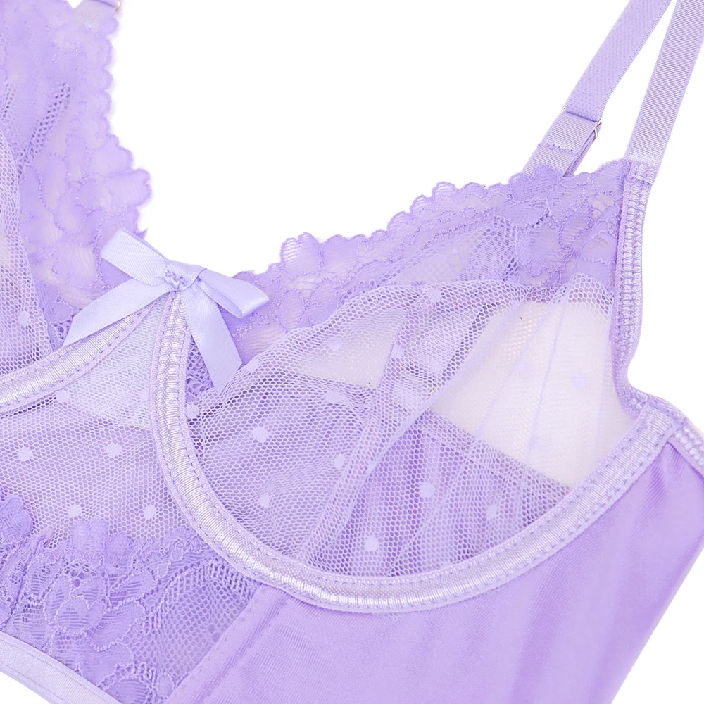 Ellolace Fairy Lingerie Sexy Dames Delicate Underwear Polka Dot Lace Skirt See Through Bra Lavender Bilizna Set With Stocking