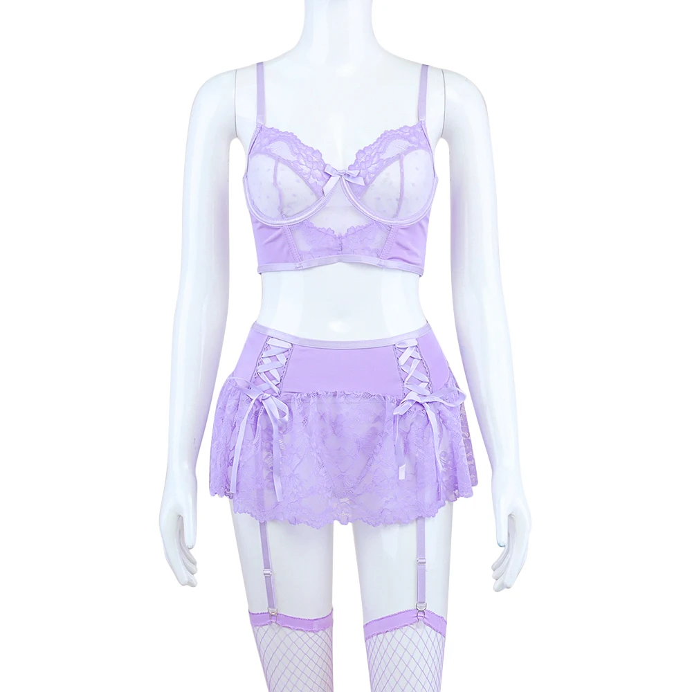 Ellolace Fairy Lingerie Sexy Dames Delicate Underwear Polka Dot Lace Skirt See Through Bra Lavender Bilizna Set With Stocking