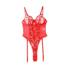Bodysuit vermelho com cinta liga em fundo branco