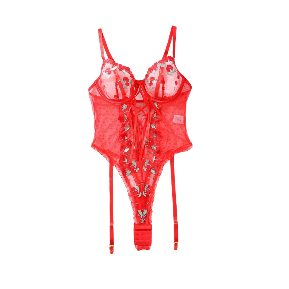Bodysuit vermelho com cinta liga em fundo branco