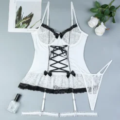 Corpete, calcinha fio dental e ligas do conjunto Ellolace Hemline