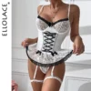 Conjunto lingerie Ellolace Hemline com corpete branco amarrado, saia de renda e cinta liga