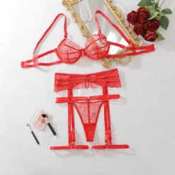 Conjunto de lingerie glitter vermelho de 4 peças estendido